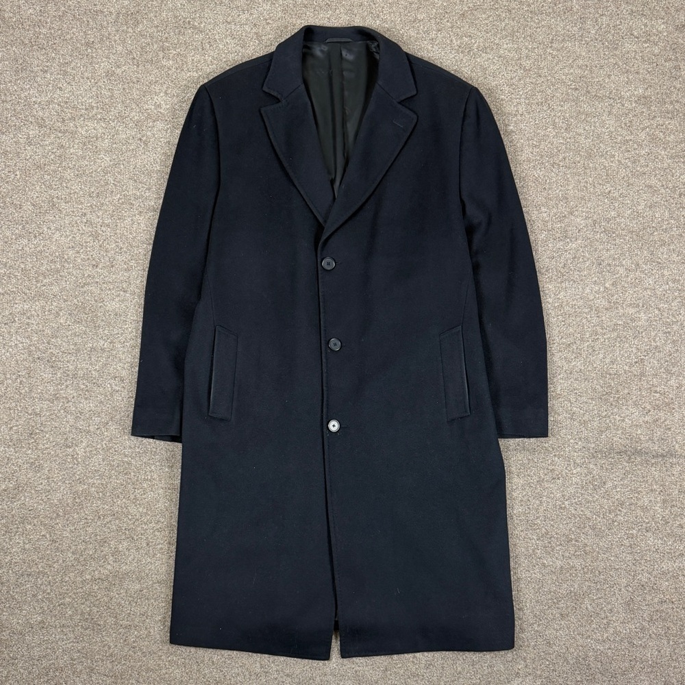 Perry Ellis Navy Wool Cashmere Blend Single Breasted Long Overcoat Men’s Size 48